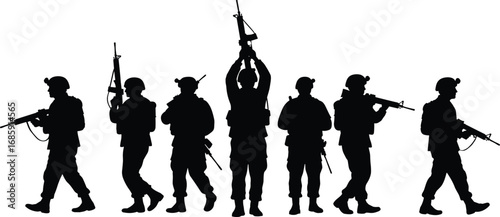 Silhouettes of Soldiers in Action with Rifles, Military Personnel Poses, Tactical Gear, Standing, Marching, and Saluting, Black and White Vector Illustration