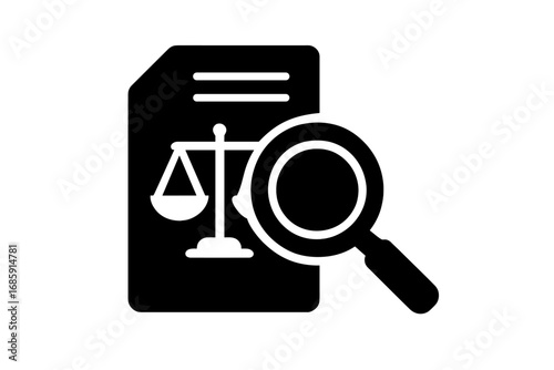 Legal document analysis highlighting scales of justice and magnifying glass representing scrutiny and evaluation