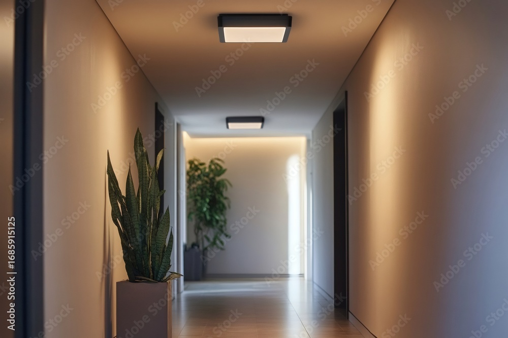 Fototapeta premium Warm light illuminating a modern corridor with plants in pots, creating a welcoming atmosphere