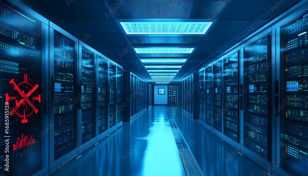 Fototapeta premium A futuristic data center filled with server racks illuminated by blue lights. The sleek design emphasizes technology's role in modern data management and digital infrastructure.