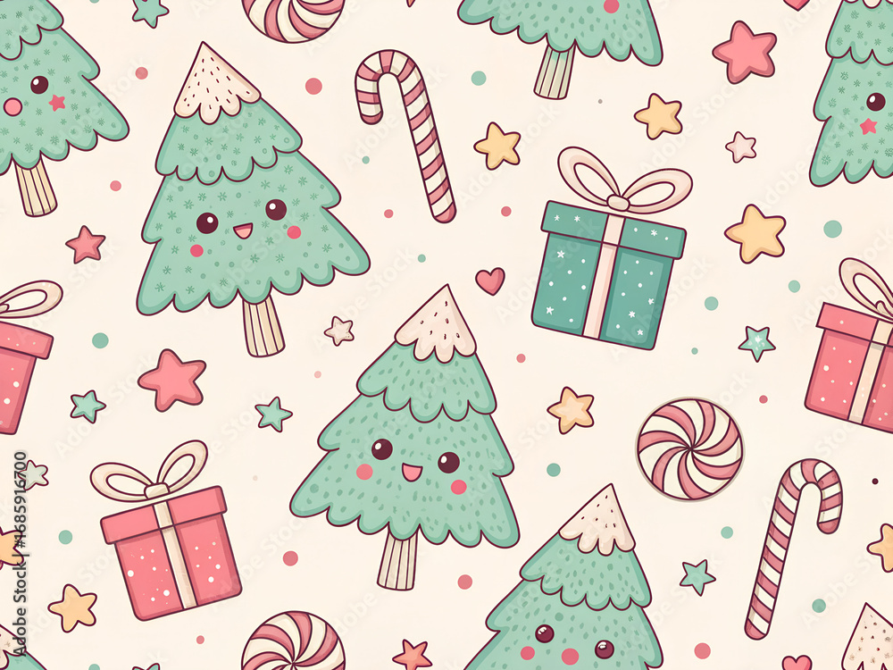 Cute kawaii christmas tree and gift pattern with candy canes and stars