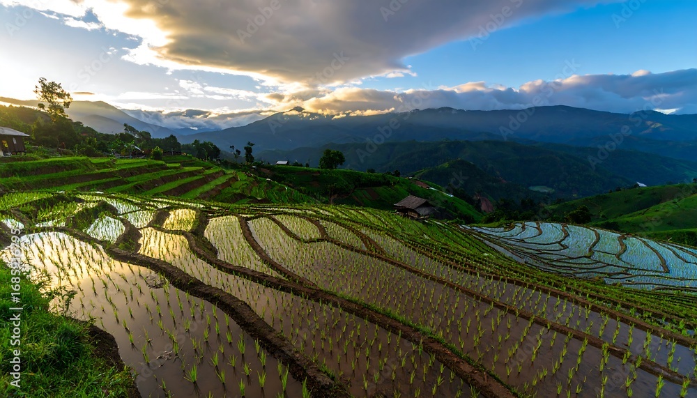 Fototapeta premium Lush terraced rice paddies cascade down a mountainside, bathed in the golden light of a serene sunrise.