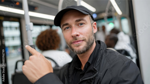 A calm man on a bus strikes a confident pose while gesturing, symbolizing comfort in everyday routines and the beauty of public transport interactions.
