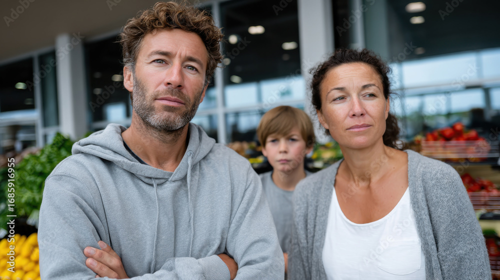 Fototapeta premium A family trio, including a mother, father, and son, share serious expressions while shopping at a grocery store, reflecting their engagement with family responsibilities.