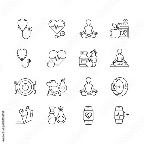 Collection of healthcare and wellness icons set includes stethoscope, heart health, meditation, healthy food and fitness