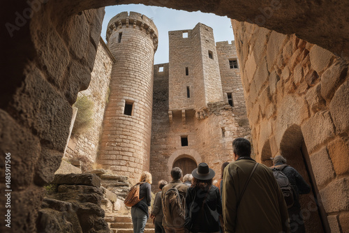 Tourists entering medieval castle in scenic location