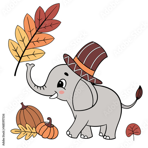 An adorable Elephant with a Shy vibe, with a giant leaf, and a Harvest Blessings Thanksgiving theme – SVG style