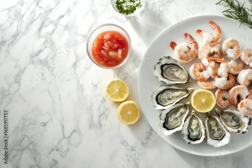 Wallpaper Mural Stylish seafood platter featuring fresh oysters and shrimp, accompanied by lemon wedges and a vibrant cocktail sauce, sits on a marble countertop Torontodigital.ca