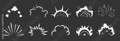 Vector silhouettes of radial explosions, blasts, smoke clouds and bomb effects. Isolated black symbols for comics, games, action design, war themes and dramatic graphic projects.
