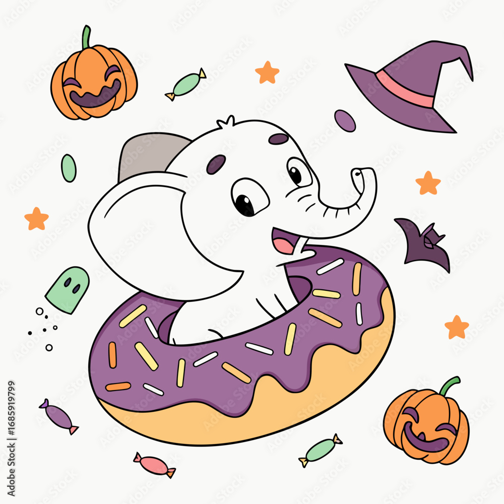 Naklejka premium Spooky Fun colored Elephant with a Excited touch, placed in a Halloween theme and styled with inside a donut float