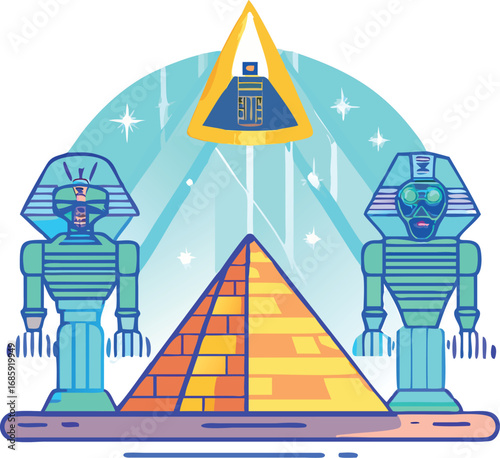 Futuristic egyptian scene with pyramid, robots, and ufo