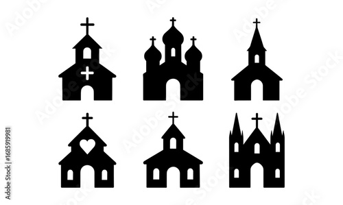 Church building silhouettes: diverse architectural styles in black