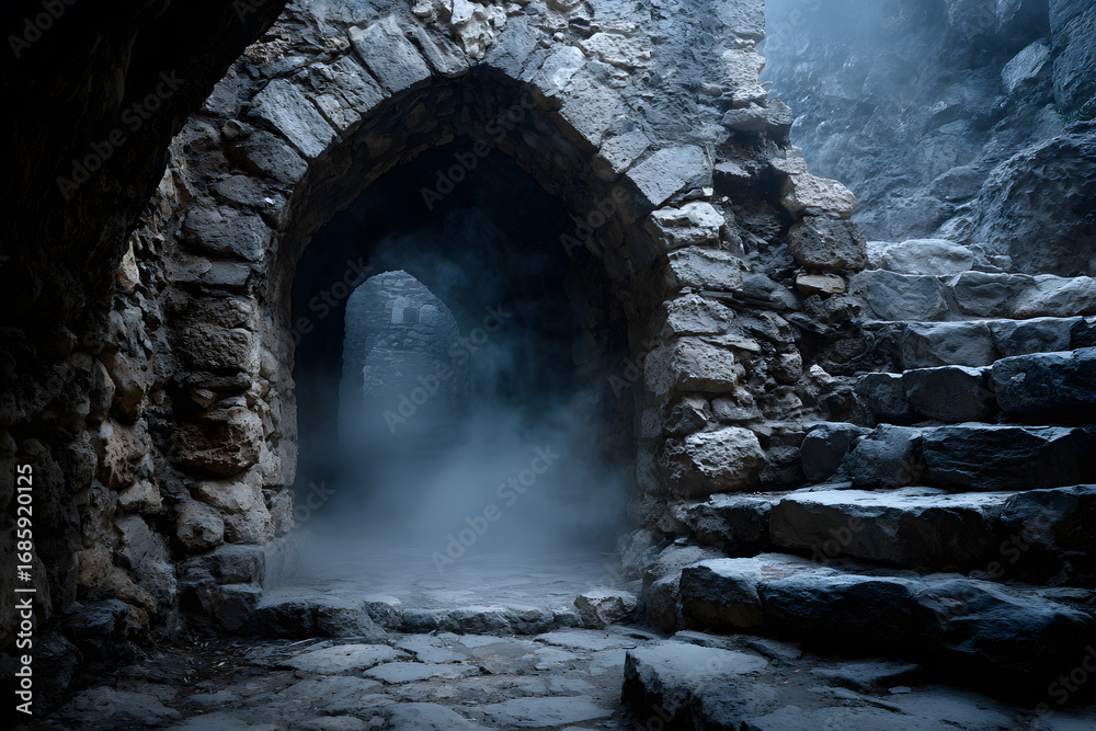 Fototapeta premium Spooky stone staircase in a dark castle dungeon leading to a mysterious light source