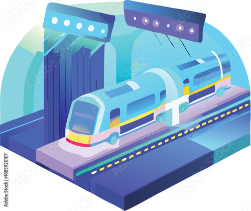 Isometric illustration of a modern highspeed train at the station