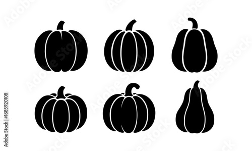 Black silhouette set of pumpkins: six unique shapes
