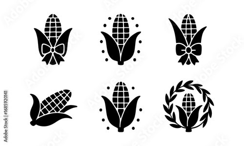 Corn silhouette icons set with decorative elements for agriculture and harvest themes