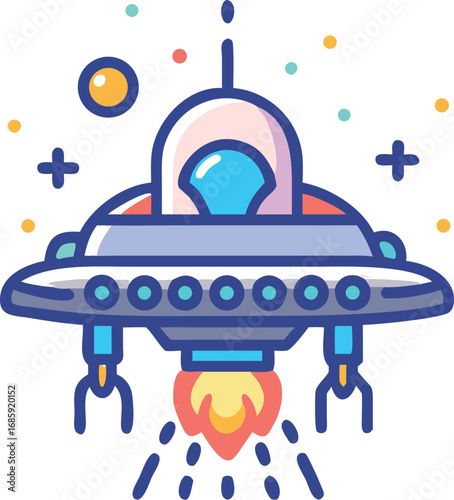 Colorful cartoon ufo spaceship with flame