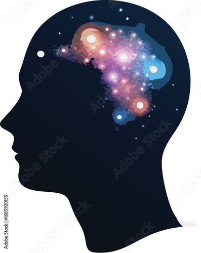 Silhouette of a head with a colorful galaxy inside, representing the mind