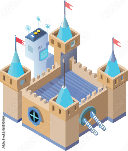 Isometric cartoon castle with robot and turrets