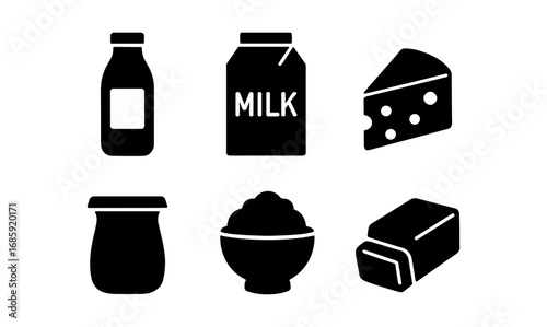 Minimalist dairy icons collection featuring cheese, milk, and yogurt designs