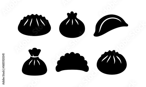 Silhouette icons of dumplings and bao buns in minimalist design
