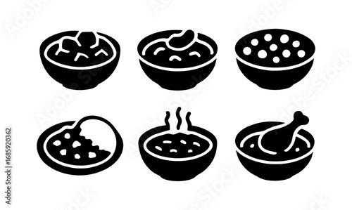 Silhouette icons of bowls with various foods: soup, rice, chicken, and more