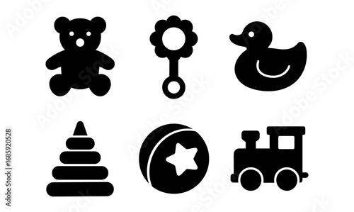 Silhouette icons of classic children's toys: bear, blocks, rattle, duck, ball, train