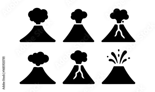 Volcano eruption icons set with various smoke and lava shapes in silhouette style
