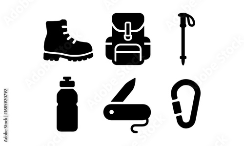 Essential hiking gear icons: boots, backpack, bottle, swiss knife, carabiner, pole