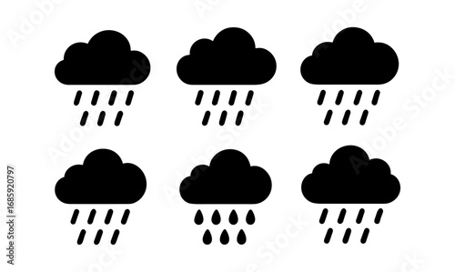 Set of minimalist rain cloud icons in black silhouette style