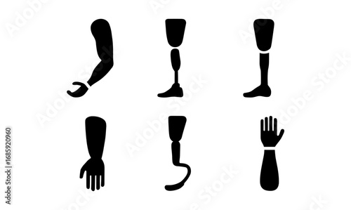 Silhouette prosthetic icons set: arm and leg designs