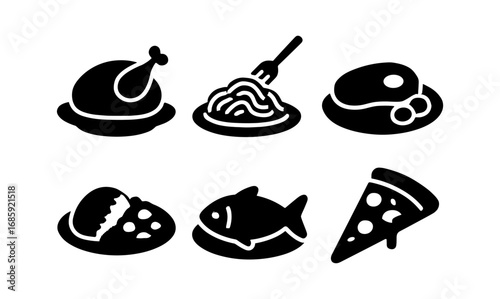 Silhouette icons of popular foods: chicken, pasta, burger, taco, fish, pizza