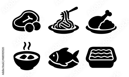 Diverse food icon set: meat, pasta, chicken, soup, fish, and lasagna in bold silhouette style