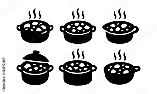 Silhouette icons of cooking pots with steam in various states