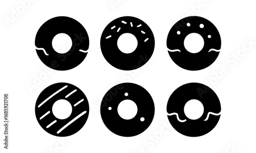 Collection of six silhouette donuts with various toppings in black and white