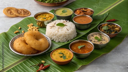Traditional south indian vegetarian meal served on banana leaf