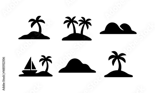 Tropical island silhouette set with palm trees and sailboat elements