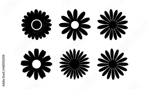 Set of silhouette daisy flowers in various geometric designs on white background
