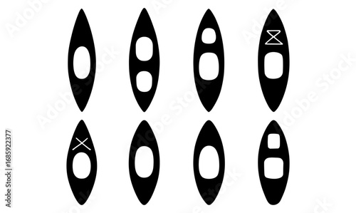 Minimalist canoe silhouettes set with diverse paddle designs in black and white