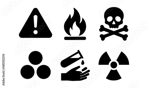 Safety warning symbols: caution, toxic, flammable, hazardous materials