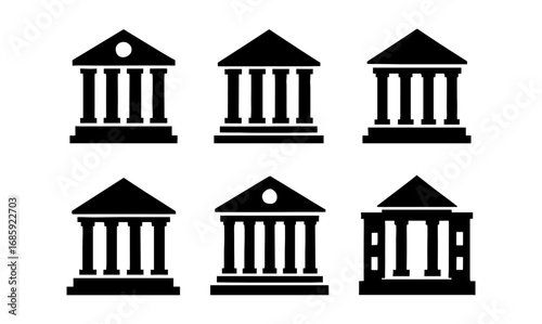 Set of six classic bank building silhouettes in simple black design