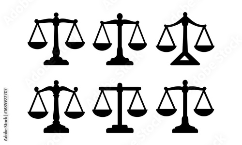Silhouette set of scales of justice icons in classic black design