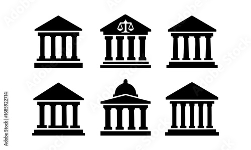 Set of silhouette courthouse icons featuring classic architecture styles