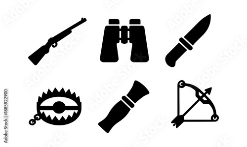Silhouette icons of essential hunting gear and tools for outdoor adventures