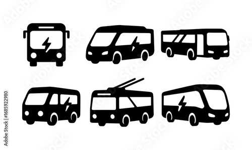Silhouette icons of electric buses in modern urban design