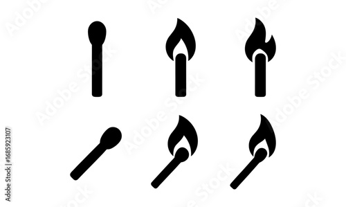 Simple matchstick icons set with flames in black silhouette style