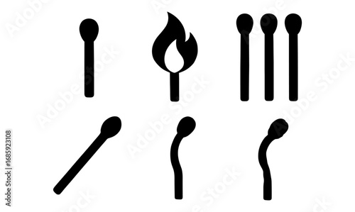Set of black matchstick silhouettes: burning and burnt matches collection
