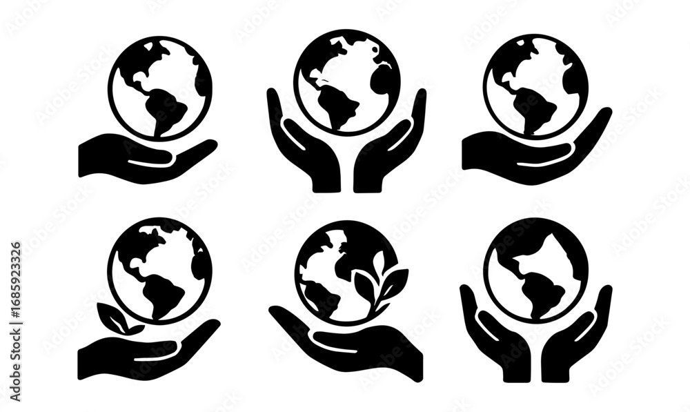 Eco-friendly icons: hands holding earth and leaves in black and white silhouette Eco-friendly icons: hands holding earth and leaves in black and white silhouette