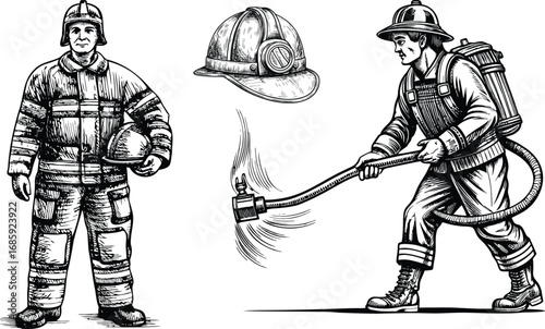Firefighter in action using hose to spray water, in Protective Uniform with Helmet and Axe, Emergency Safety, Fire Department, and public Safety design  detailed vector illustration