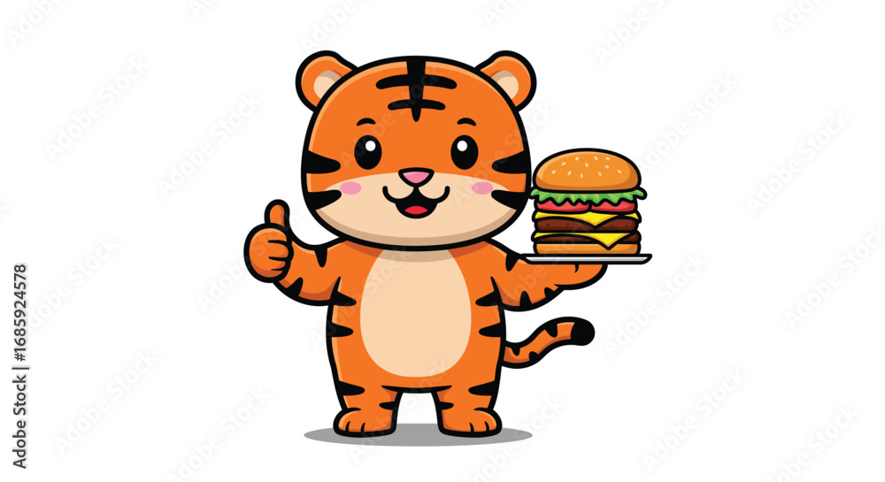 Fototapeta premium Cartoon Tiger with a Burger - Hungry and Happy Character